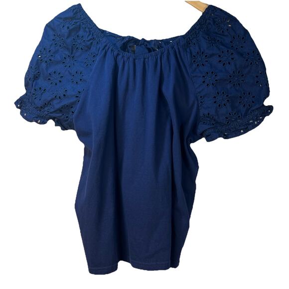 J. Crew Eyelet Puff Sleeve peasant embroidered top Medium Navy Blue Bow back - Picture 1 of 11